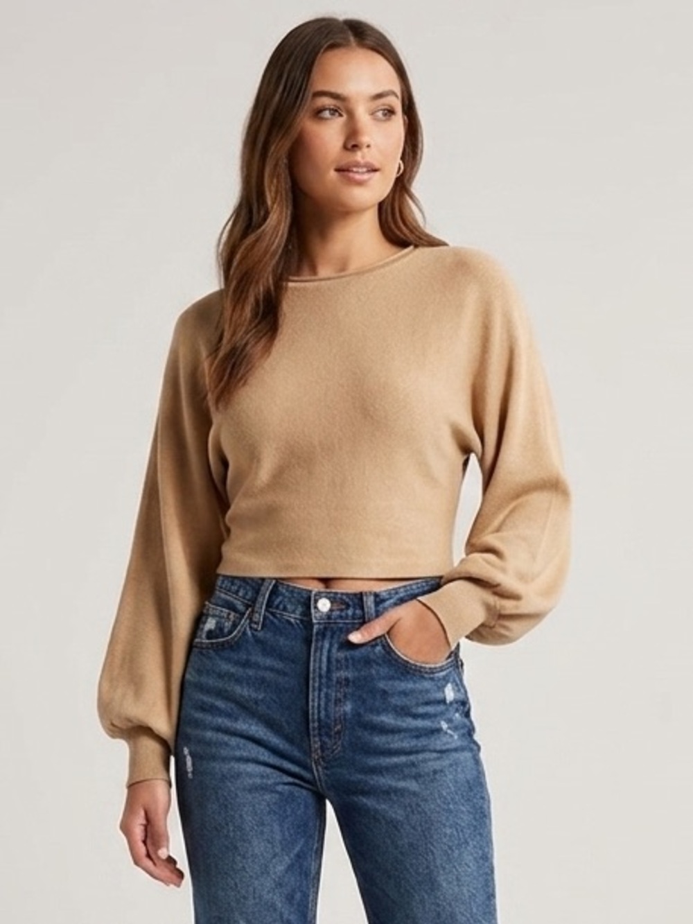 TECREW Tan Brown Long Sleeve Crewneck Cropped Sweater, Women’s Size Large